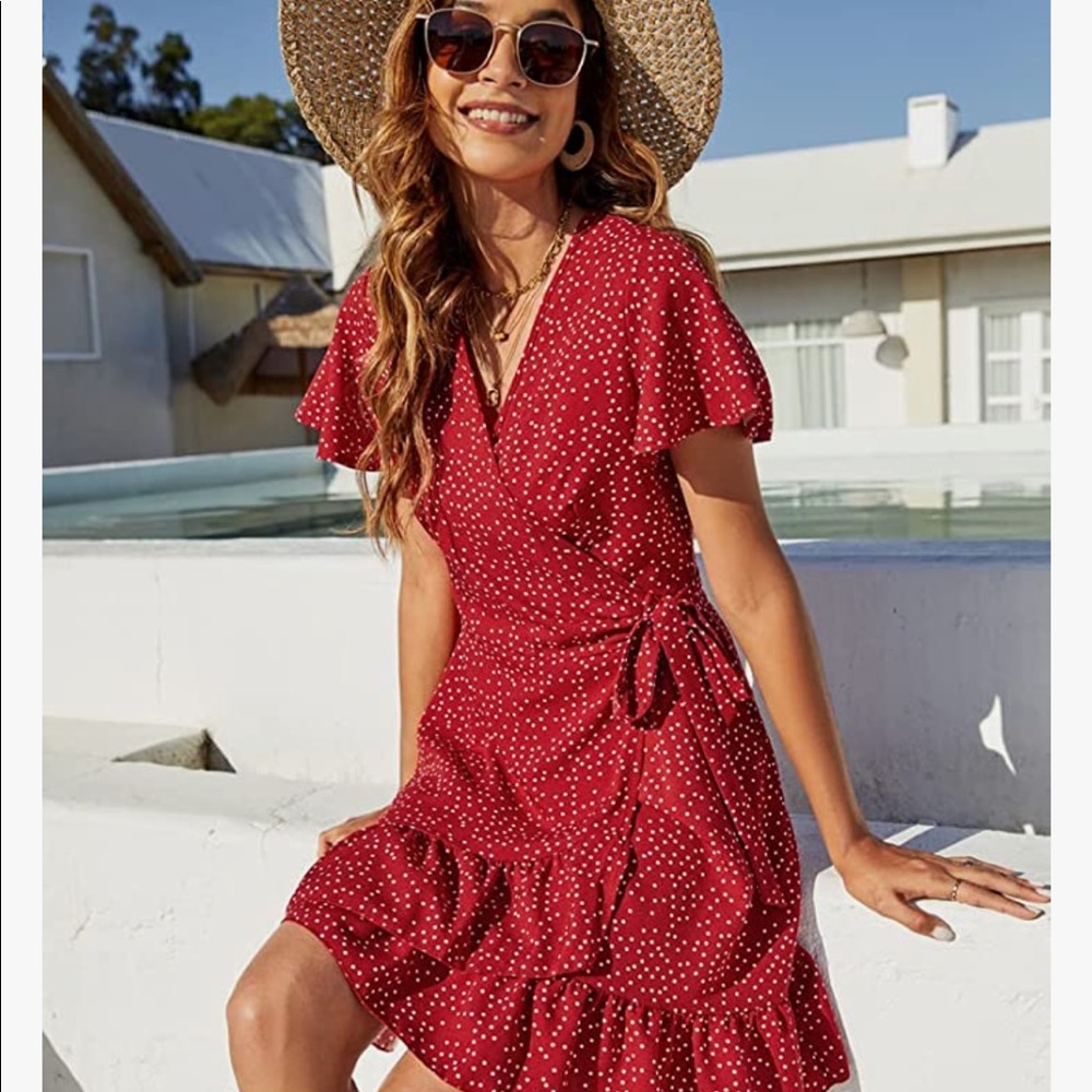 Red polka dot wrap dress